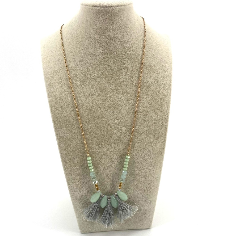 VERSONA Style Necklace Mint Green Beads & Grey Tassels Fashion Jewelry 28" Adj